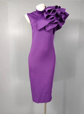 外贸单高腰显瘦气质夏季新款收腰日常气质上班唯美显白紫色连衣裙