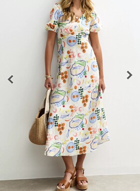 外贸单2026夏季新款时尚百搭修身性感度假印花海岛显瘦复古连衣裙