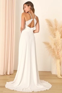 外贸LU家气质显瘦吊带显瘦露背性感辣妹拖尾雪纺轻婚纱连衣裙礼服