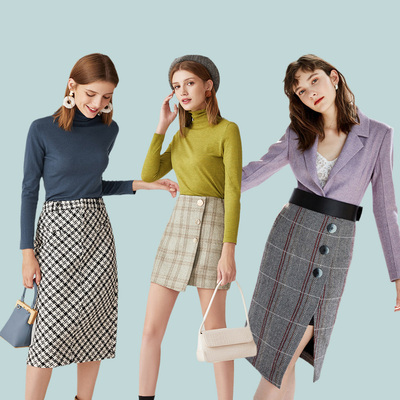 亦谷高腰A字格纹伞裙半身裙女