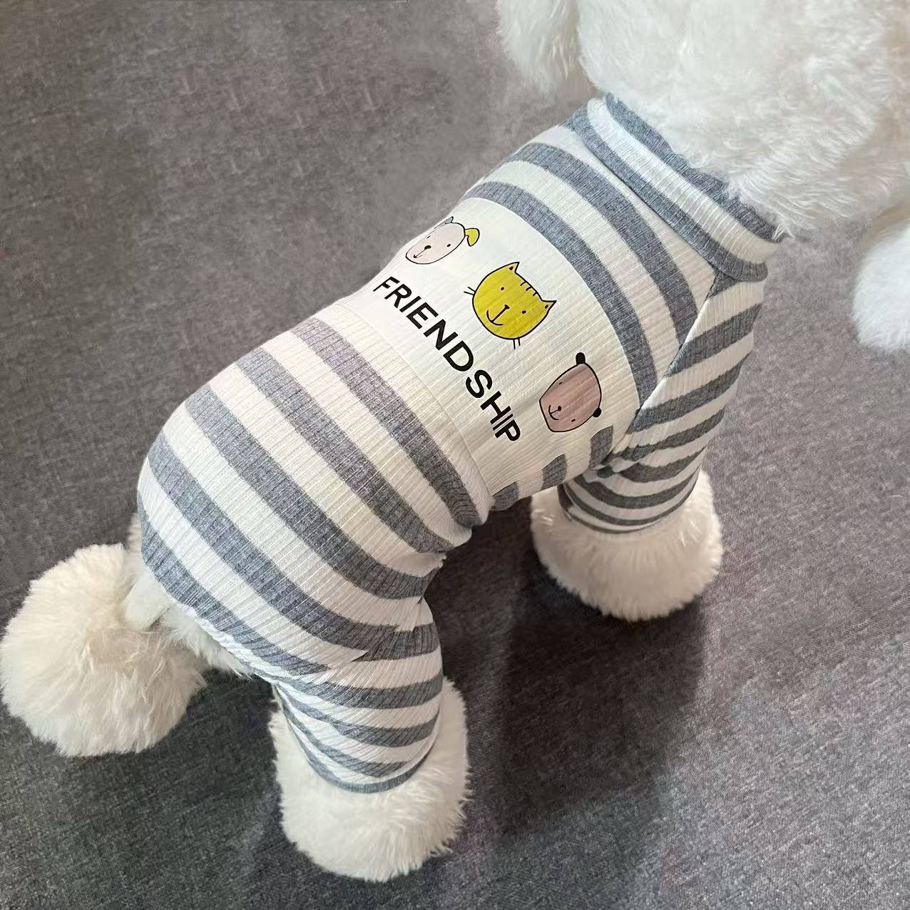 宠物纯棉条纹四脚衣服泰迪比熊小型犬狗狗春夏家居睡衣秋冬可打底