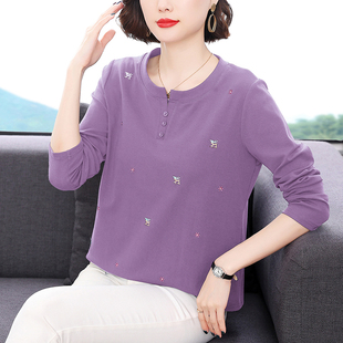 春装女款2025年新款中老年女t恤长袖纯棉妈妈宽松大码上衣打底衫