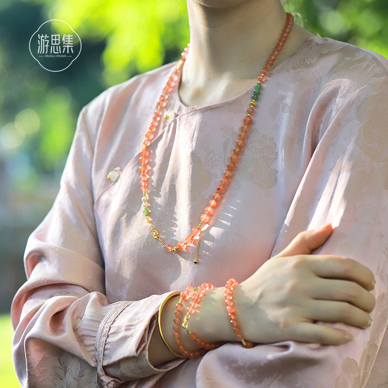 游思集新款天然西瓜汁冰飘南红玛瑙斜挎链新中式国风文玩背背链女