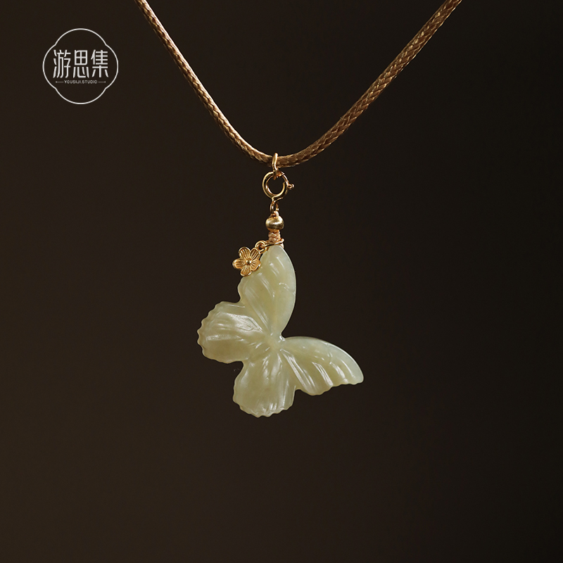 天然原石和田玉真品蝴蝶吊坠毛衣链编织款百搭项链送女生日礼物银