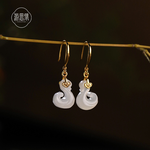 祥云羽毛S925银耳饰送礼金 天然和田玉藕粉吊坠设计款 璇羽耳环