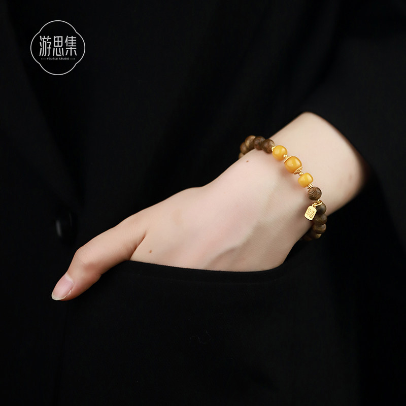 且欢奇楠沉香蜜蜡手串新中式民族风盘玩手链招米佛珠念珠文玩手饰