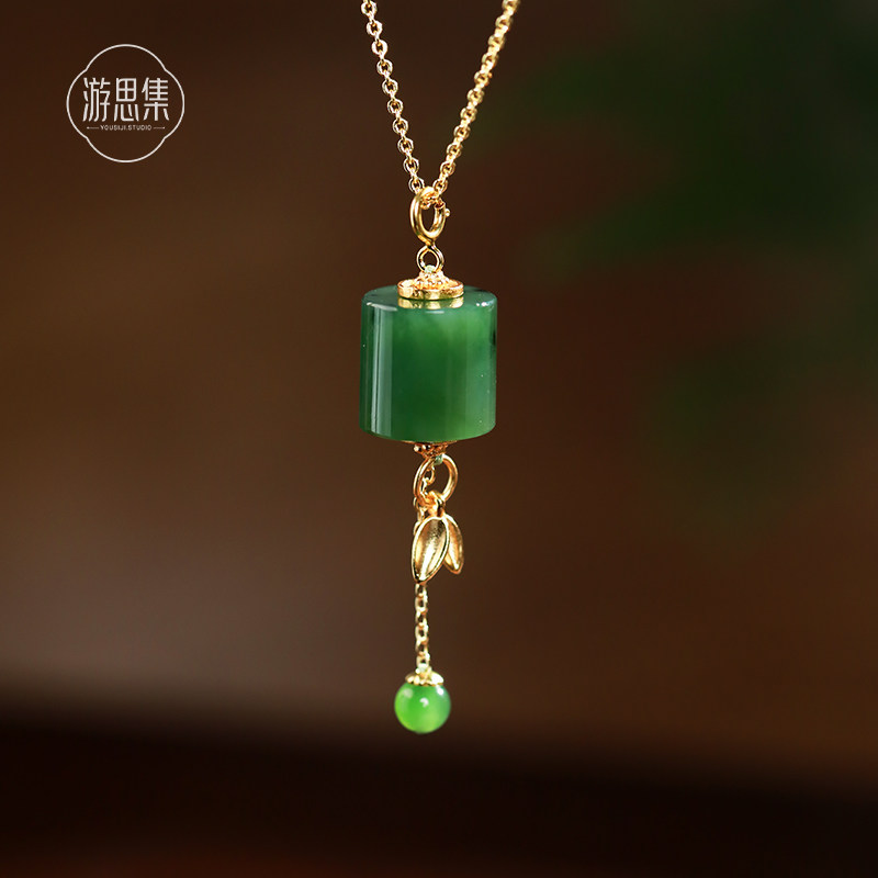 【青禾记吊坠】天然和田玉碧玉桶珠珠宝设计独特双扣头设计款银坠