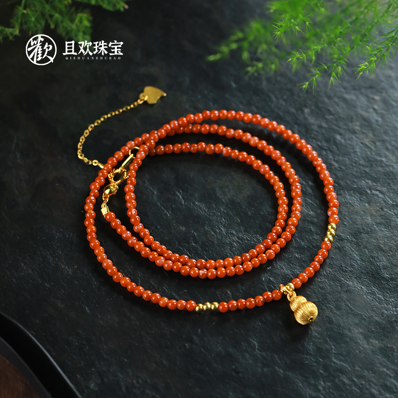 天然老南红复古女款气质小葫芦吊坠色长款锁骨链配饰设计新中式