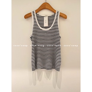 一眼爱上 背心吊带 25ss 刺绣黑白条纹无袖 新品 天花板