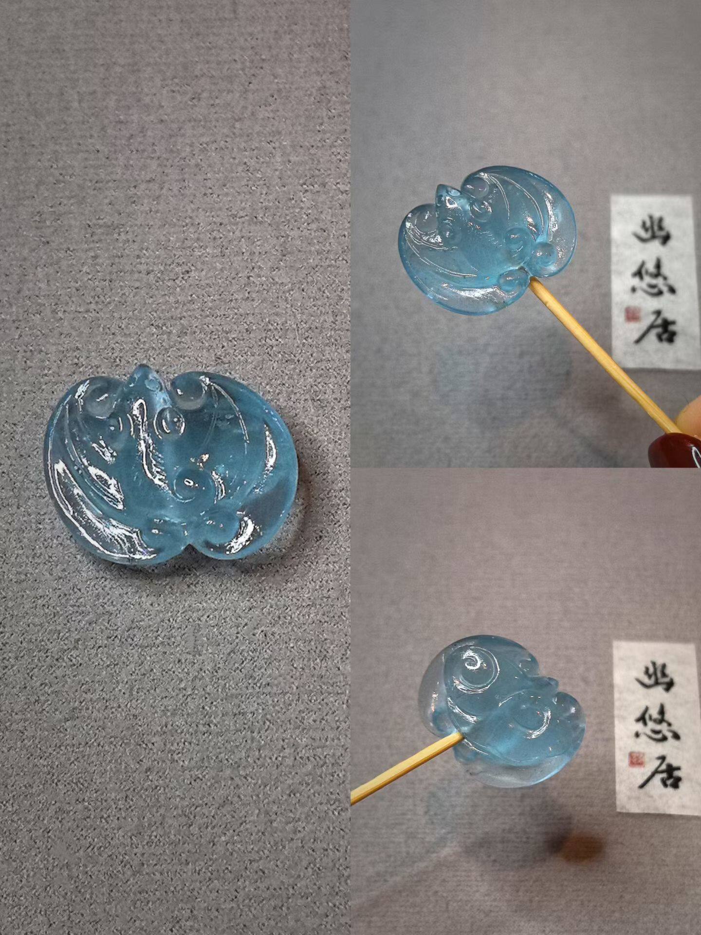 藏家系列高工稀有无注胶海蓝宝如意蝙蝠背云，用料饱满，颜色浓郁