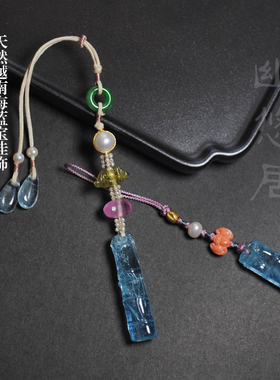 越南碧玺手工雕刻竹节压襟海蓝宝