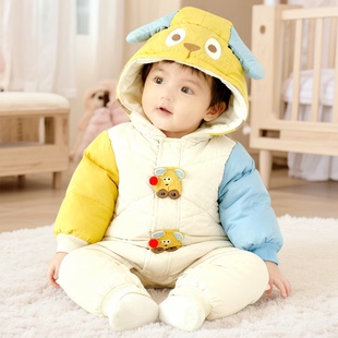 儿童秋冬装男女宝宝保暖拉链连帽爬服婴幼儿洋气拼色连体衣