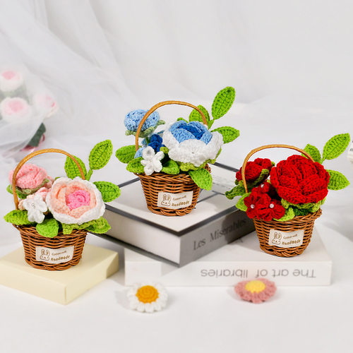 成品新款小花篮盆栽手工编织仿真花泡芙玫瑰笑脸桌面摆件装饰送礼