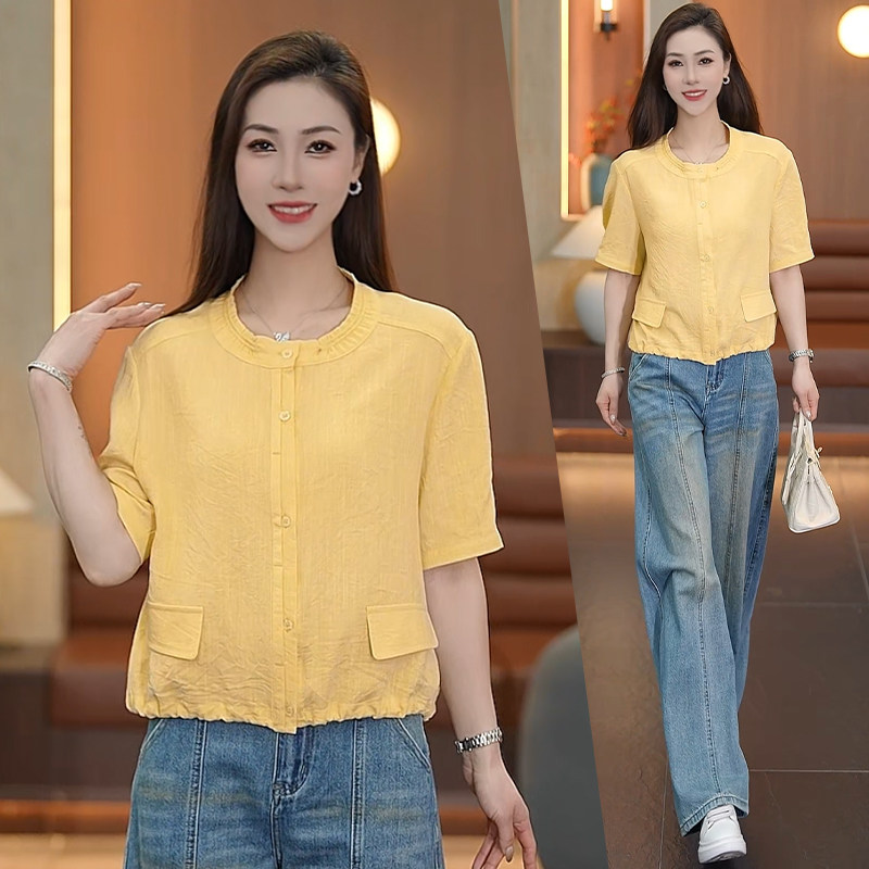 时尚荷叶边短袖衬衫女2026夏季新款洋气宽松显瘦百搭小个子短上衣