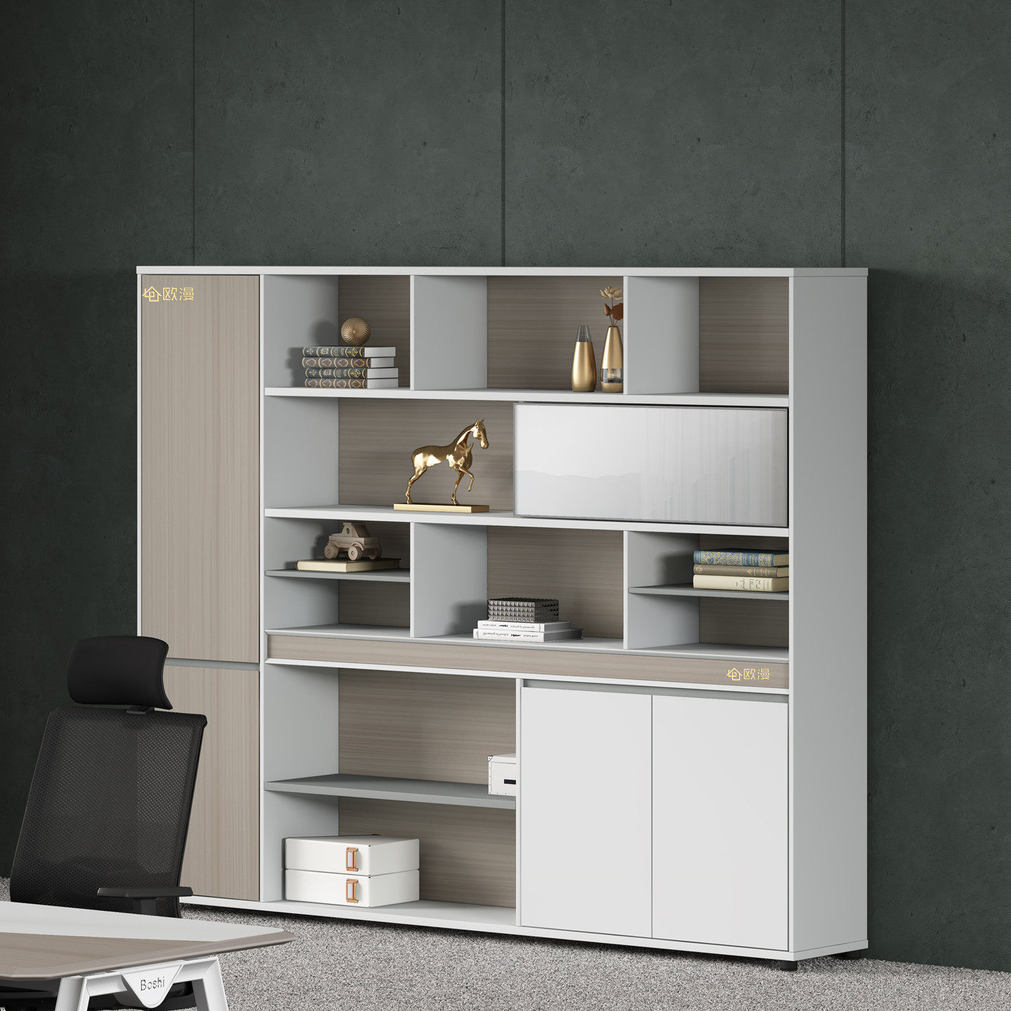 格诺瓦柚木浅色老板书柜博古架玻璃门三门简约文件柜矮柜双色设计