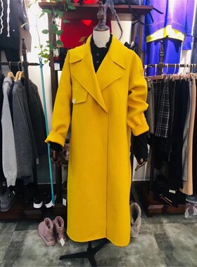 琳家GAO端品牌进口面料黄色手缝双面呢过膝宽松毛呢大衣女
