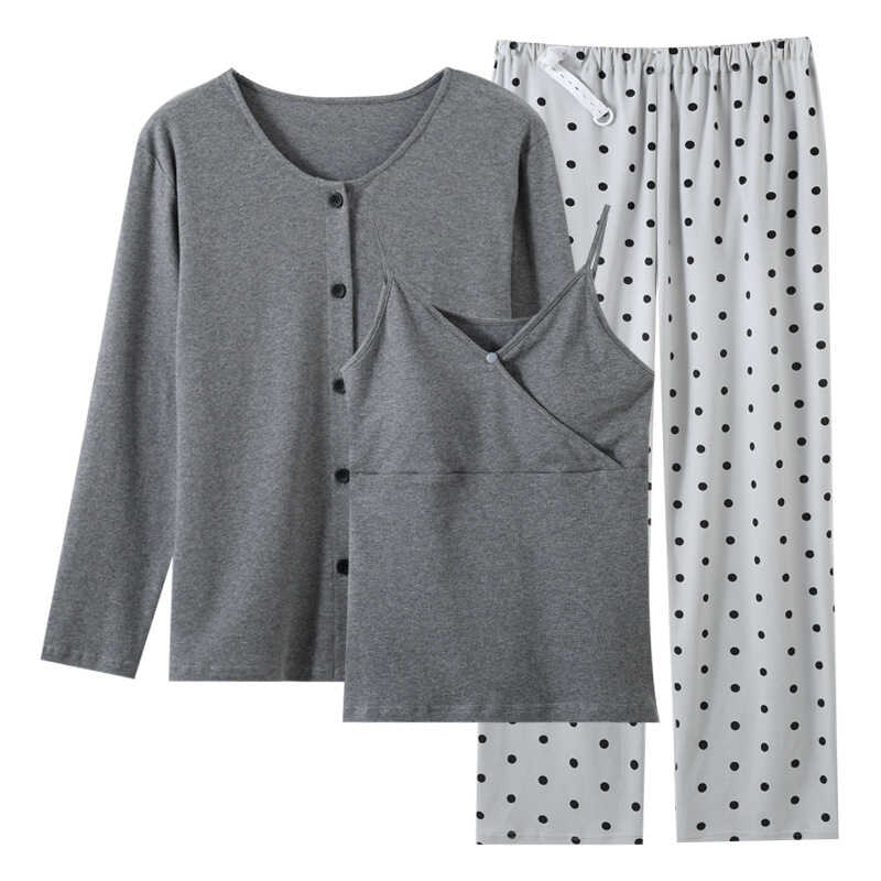 纯棉月子服固定胸垫春秋产后哺乳吊带三件套孕妇睡衣家居服套装