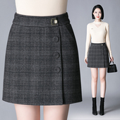秋冬格子短裙弹力高腰大码 百搭a字宽松显瘦毛呢半身裙包臀一步裙