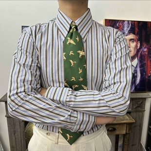 谢尔比家族同款衬衫纯棉意式复古蓝色条纹长尖领暗扣男士修身长袖