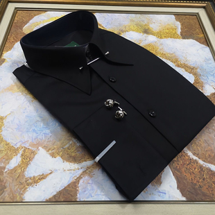 浴血黑帮同款抗皱尖领针帝国领法式袖扣黑色男士长袖修身衬衫婚礼