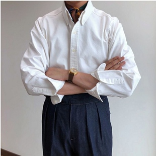 衬衫 春夏小众新品 男士 长袖 全棉纯棉纯白色牛津纺大尖领扣领修身