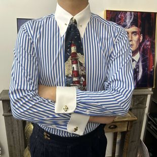 浴血黑帮帝国领针撞色深蓝色白色领法式袖扣男士修身长袖衬衫复古