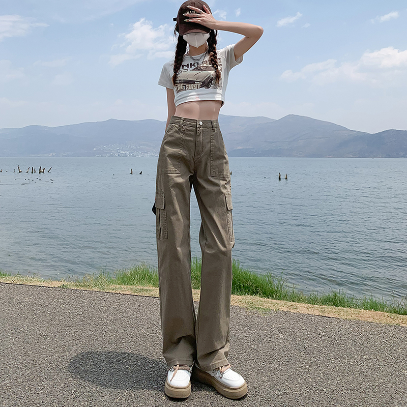 卡其色高腰窄版直筒工装裤女春季新款美式复古休闲阔腿拖地牛仔裤