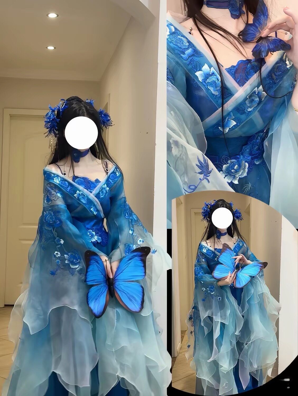 春夏蓝色渐变刺绣改良汉服套装图片