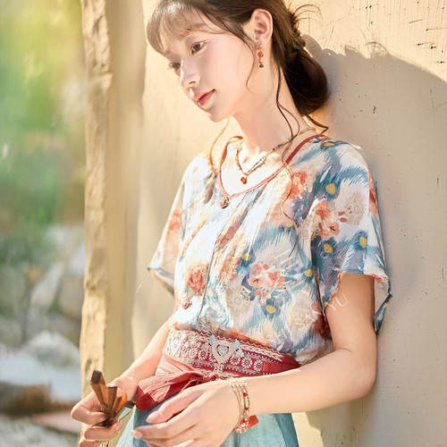 天丝团花印花唐背子破裙