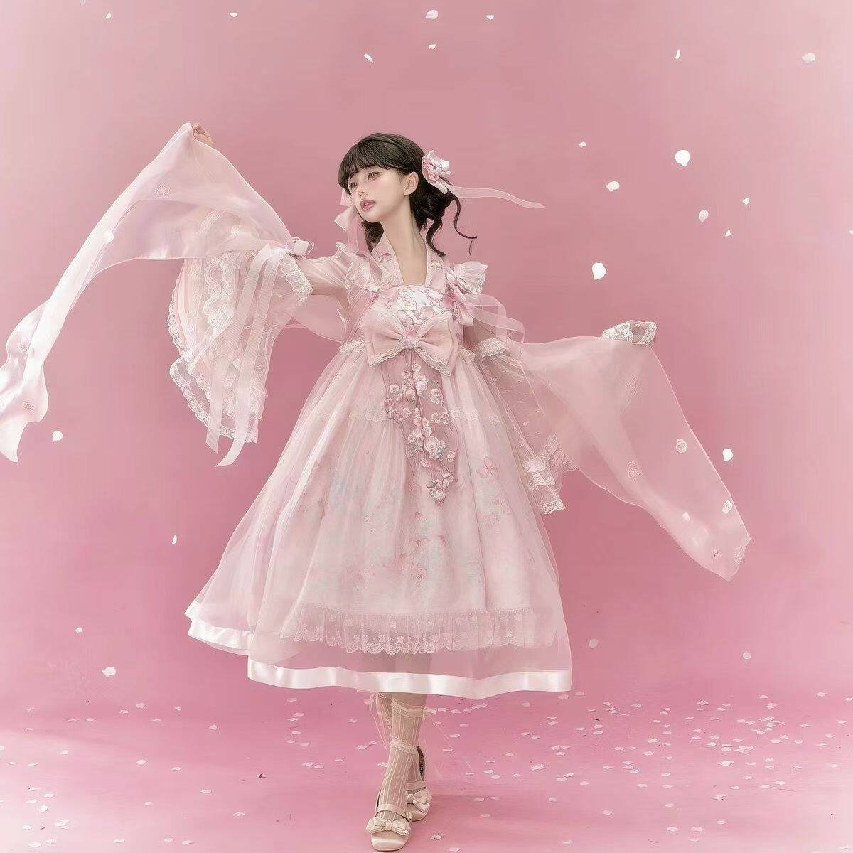 【花月桃缘】原创国风粉色齐胸jsk汉洋折衷连衣裙套装女洛丽塔裙