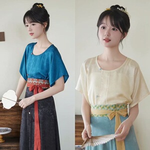 新款汉服【烟汐】日常唐圆领唐制提花短袖八破裙显瘦夏季套装