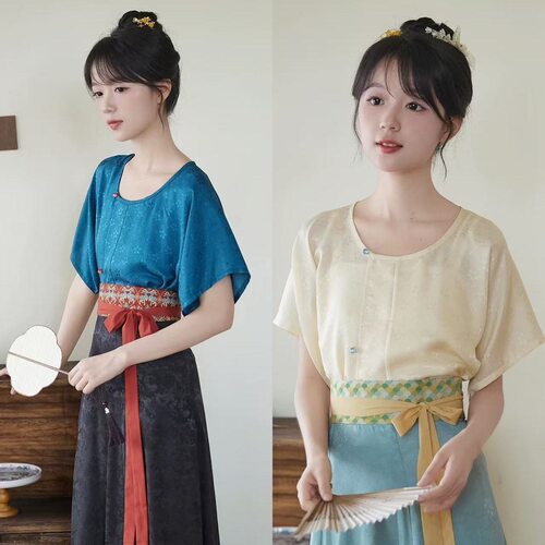 新款汉服【烟汐】日常唐圆领唐制提花短袖八破裙显瘦夏季套装