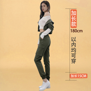 休闲裤 工装 180cm高个子宽松加长版 女加长款 风军绿色多口袋束脚裤