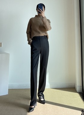 秋冬厚面料高腰修身直筒裤加长女通勤OL纯色深灰色西裤修腿型无弹