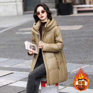 海宁真皮羽绒服女2025新款 加厚连帽外套 冬绵羊皮宽松小个子中长款