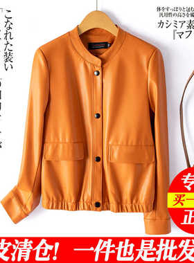 真皮皮衣女短款2024秋季新款橙色皮夹克洋气质立领修身绵羊皮外套