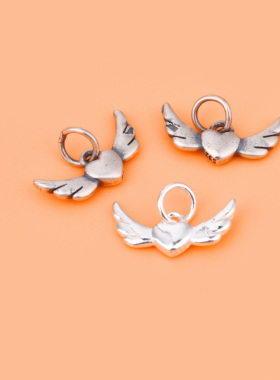 S925纯银复古天使翅膀爱心吊坠配饰项链挂件首饰diy配件材料