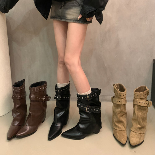 美式辣妹皮带扣裤管靴西部牛仔靴女2026新款秋冬复古尖头马1008r