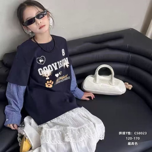 58023图家长袖T恤衫假两件童装秋款女童衬衫袖拼接体恤中大童