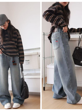 7952青少年一体绒直筒裤牛仔裤童装秋冬款女童加绒休闲裤长裤大童