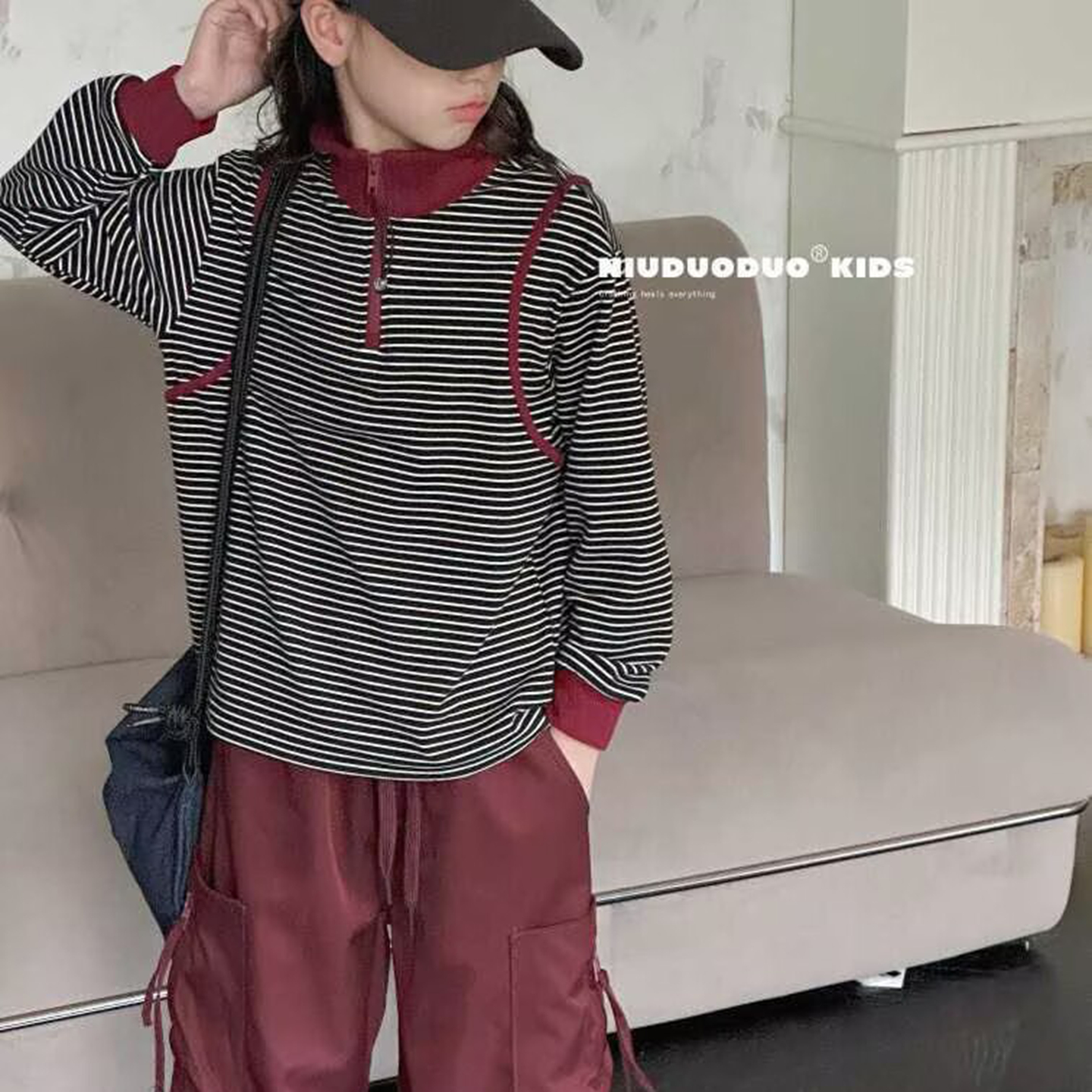 28897牛家德绒长袖T恤衫童装秋冬款男女童条纹拼色体恤中大童