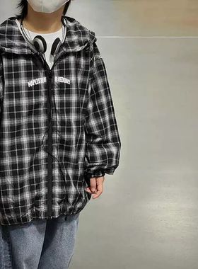 57127带帽外套童装秋款男女童格子拉链衫中童