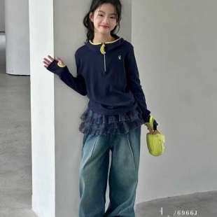 6966童家带帽长袖T恤衫童装春款女童半拉链衫体恤中大童