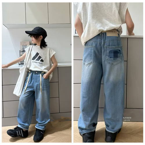 243659库家牛仔裤老爹裤童装春夏款男女童弹力薄款休闲长裤中大童
