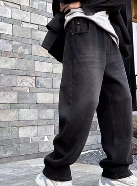 28386/68386青少年一体绒牛仔裤童装秋冬款男童加绒休闲长裤大童