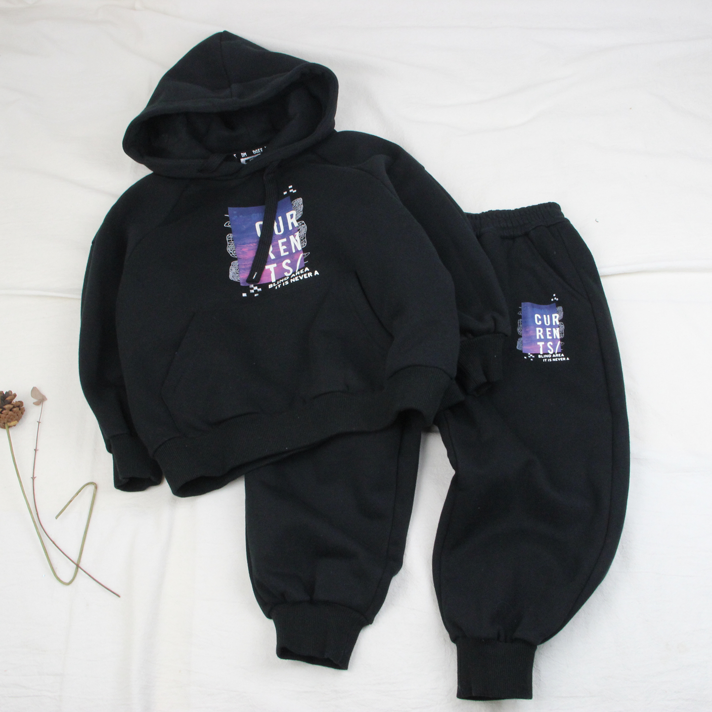 1095木家旗下一体绒带帽卫衣套装童装秋冬款男女加绒2件套中大童