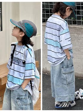 96387童家短袖速干衣T恤童装夏款男童条纹体恤中大童可亲子