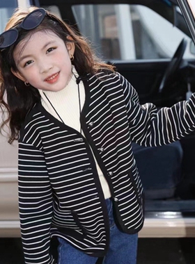 56700木家小香风外套童装小款韩版女童条纹针织衫中童