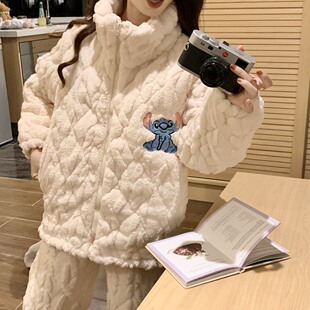 睡衣女大码 拉链立领史迪仔加厚保暖家居服 250斤珊瑚绒夹棉冬季
