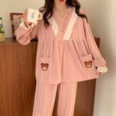 休闲花朵粉色可外穿家居服二件套装 200斤新款 春秋大码 睡衣女长袖